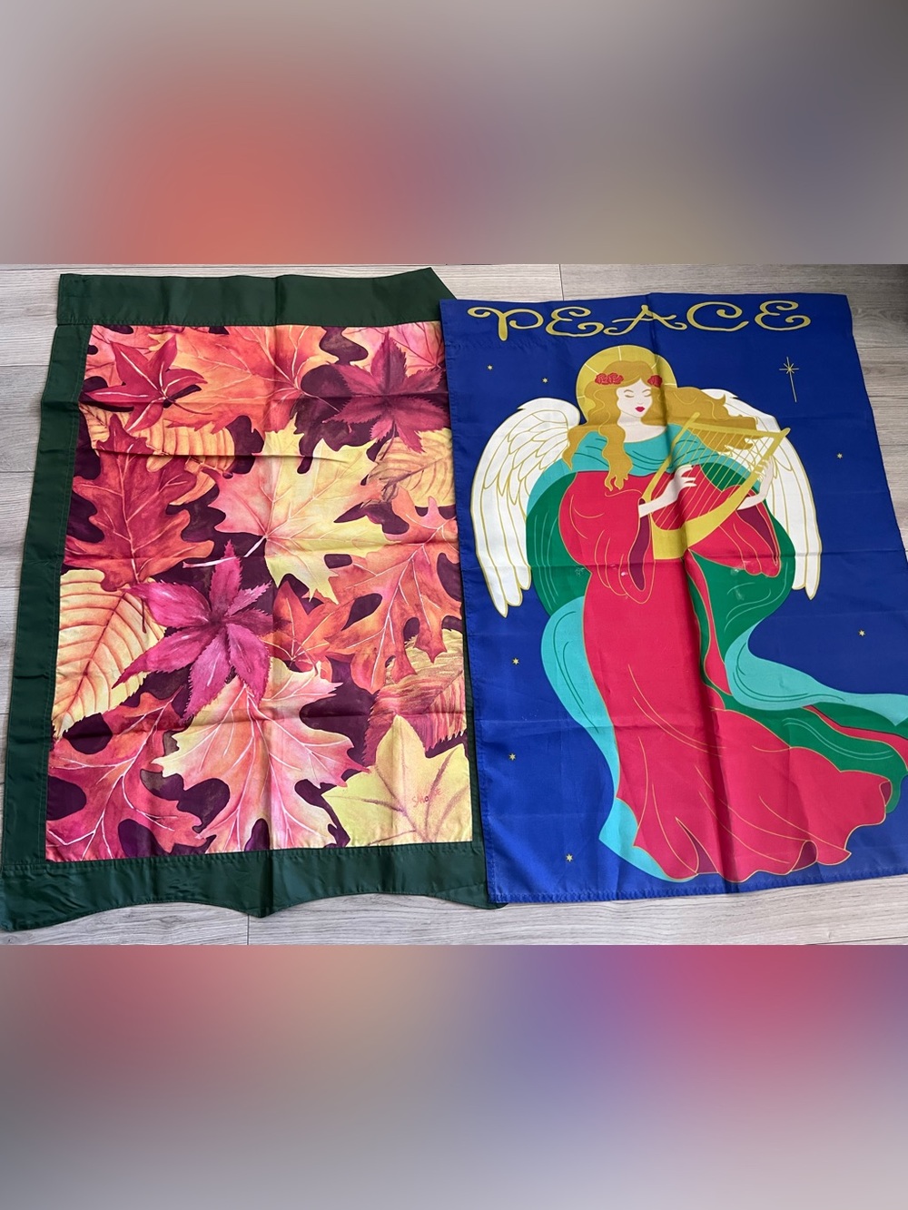 Large Decorative Porch Flag 37 x 29 Set Of 2 Fall Leaves & Christmas Angel